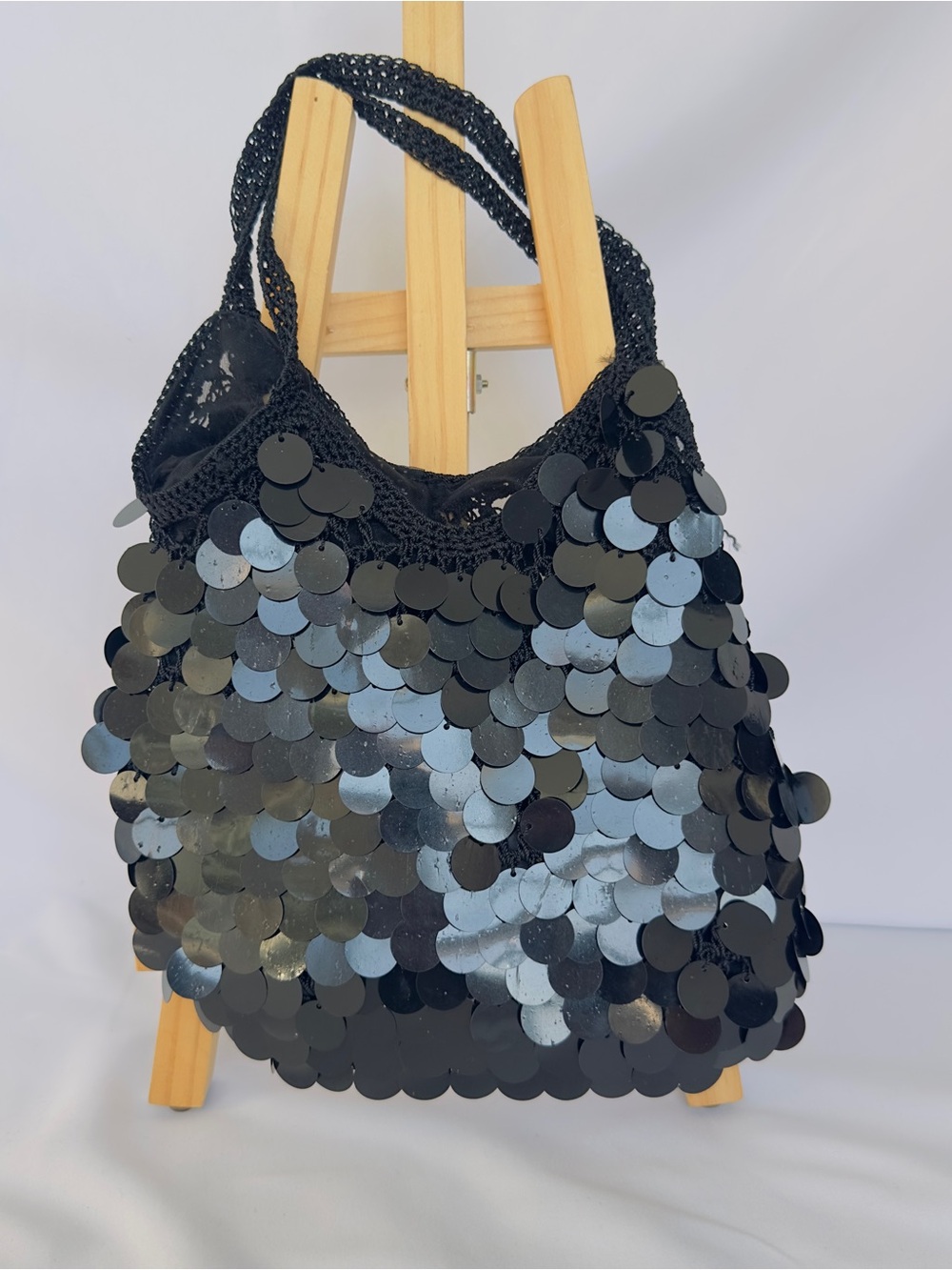 Boho Mini Handbag Large Black Paillette Sequin Discs Nylon Lining Evening Party
